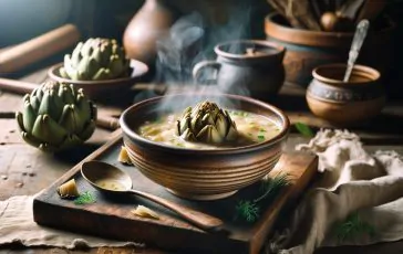 Anziana donna a Roma con zuppa di carciofi