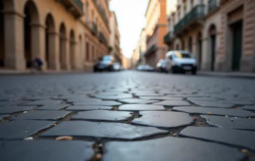 Strada romana con evidenti segni di deterioramento