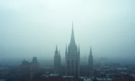 Vista di Milano avvolta nella nebbia con skyline moderno