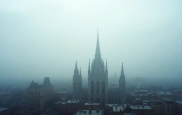 Vista di Milano avvolta nella nebbia con skyline moderno