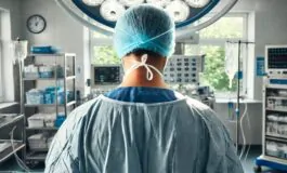 dalle 2024 11 14 132141 a skilled surgeon standing in an operating room viewed from behind wearing a surgical gown gloves and a mask the surgeon is focused on the patien 265x160