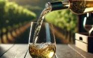 DALL·E 2024 12 24 10.18.22 A realistic image of a glass of dealcoholized wine being poured from a bottle into a glass on a wooden table. The setting is a cozy vineyard with gree