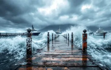 Immagine del maltempo nel golfo di Napoli con traghetti fermi