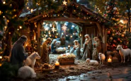 Scena del presepe vivente a Roma con figuranti e luci