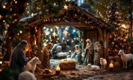 Scena del presepe vivente a Roma con figuranti e luci