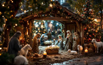 Scena del presepe vivente a Roma con figuranti e luci