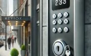 dalle 2024 12 03 105330 a modern sleek keybox on a wall outside an apartment building with a digital keypad and small compartment for storing keys the background shows a b copia