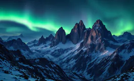 Aurora boreale sopra le Dolomiti in un paesaggio invernale