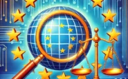 DALL·E 2025 01 17 11.33.45 A symbolic illustration of a generic search engine represented as a magnifying glass and a globe clashing with European Union symbols like a circle o