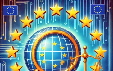 DALL·E 2025 01 17 11.33.45 A symbolic illustration of a generic search engine represented as a magnifying glass and a globe clashing with European Union symbols like a circle o