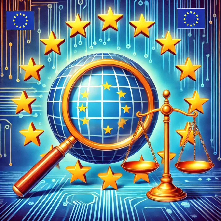 DALL·E 2025 01 17 11.33.45 A symbolic illustration of a generic search engine represented as a magnifying glass and a globe clashing with European Union symbols like a circle o 900x900