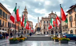 Bandiera italiana Tricolore durante una protesta in Italia