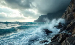 Vista della tempesta di mare a Capri con onde alte