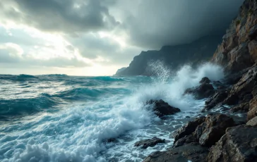 Vista della tempesta di mare a Capri con onde alte