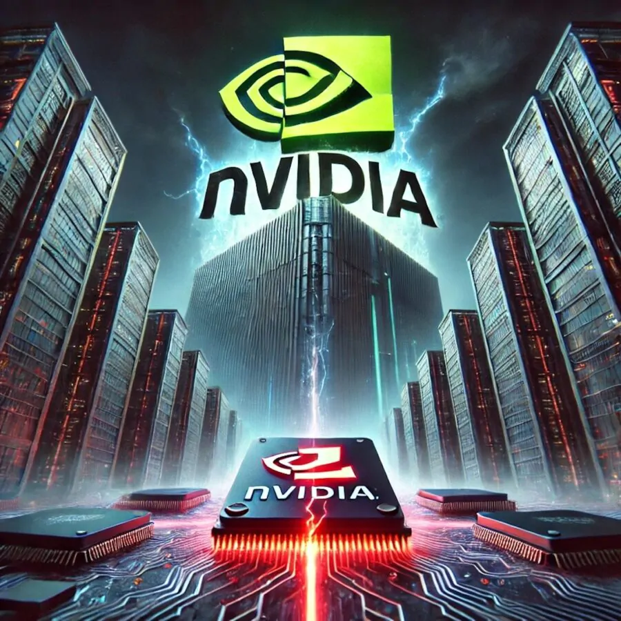 dalle 2025 01 28 114527 a dramatic conceptual illustration depicting the tension between a massive tech company nvidia and a rising chinese ai startup deepseek the scene copia 900x900