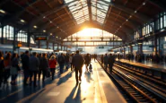 Un bambino smarrito in una stazione ferroviaria affollata