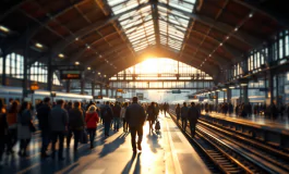 Un bambino smarrito in una stazione ferroviaria affollata