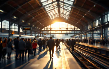 Un bambino smarrito in una stazione ferroviaria affollata